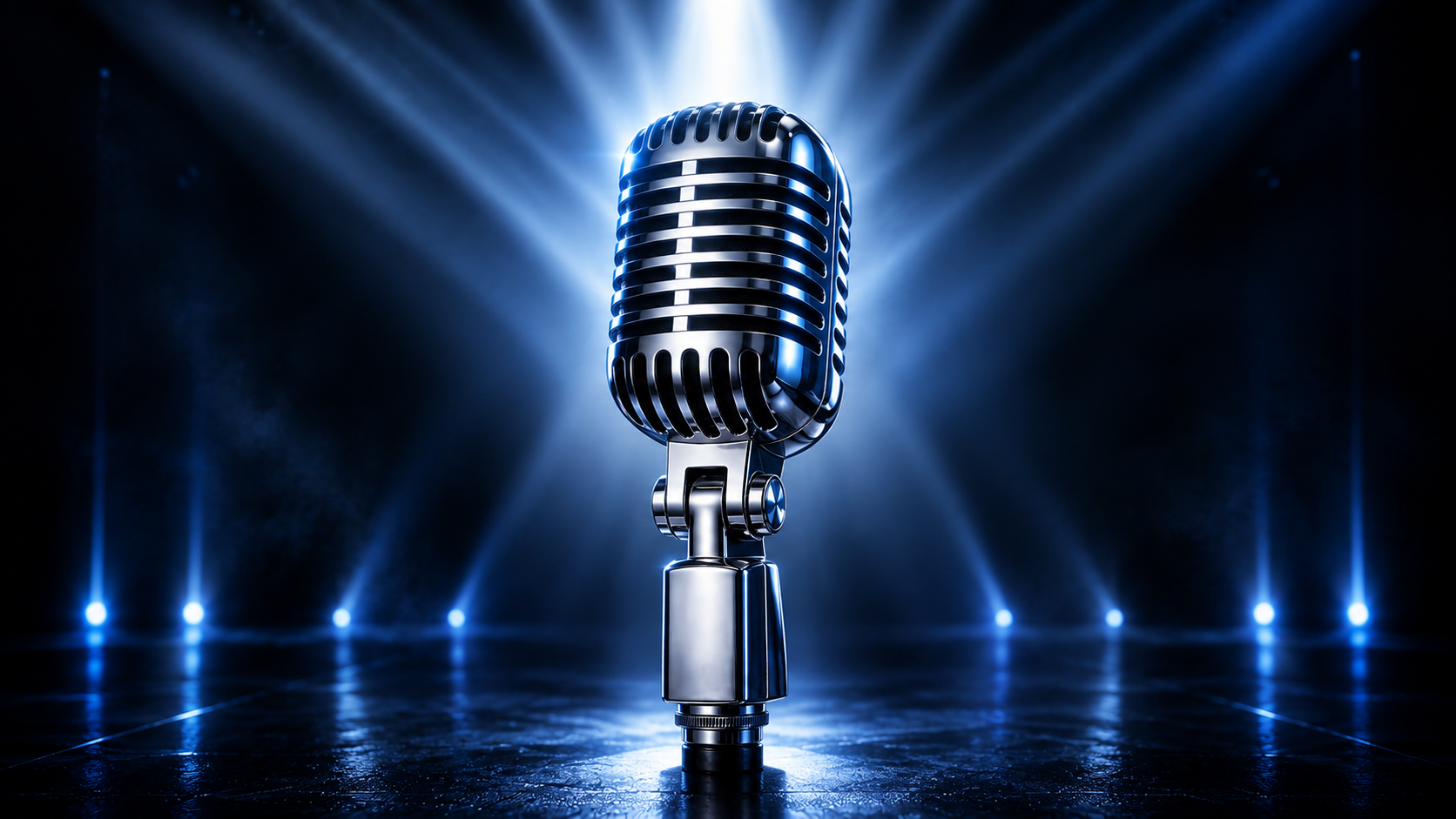 Chrome vintage microphone under blue stage spotlights