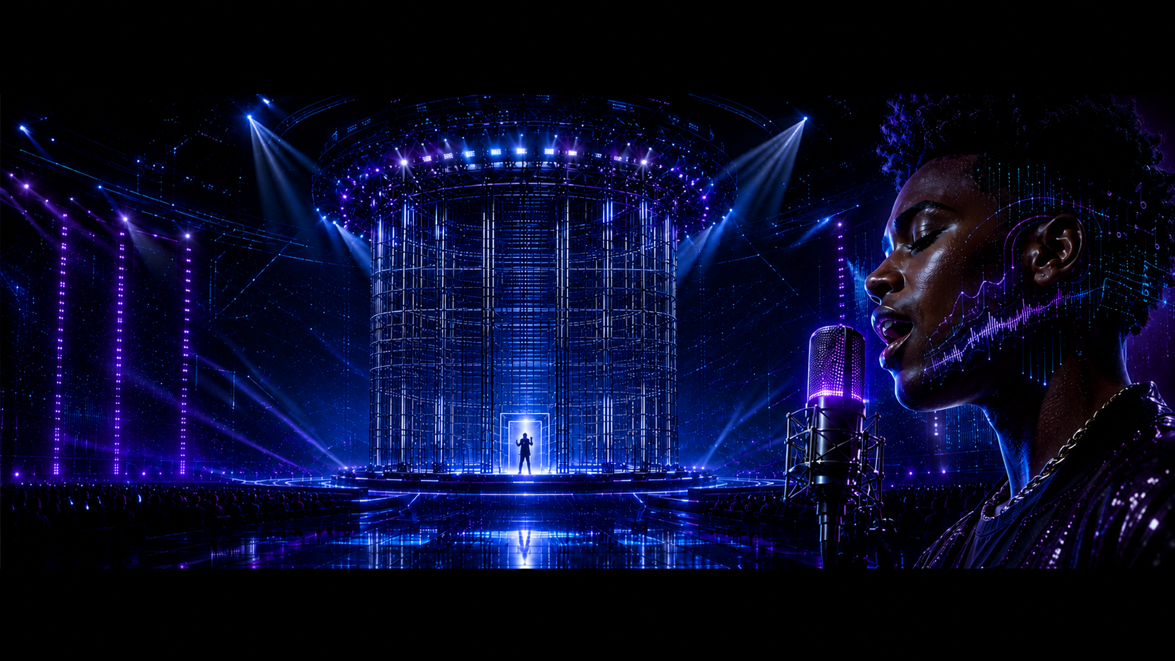 Cinematic stage with The Cage under blue and purple lights and a performer at the microphone