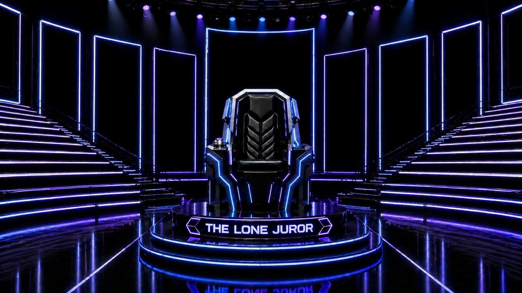 The Lone Juror throne on stage with neon blue and purple audience seating