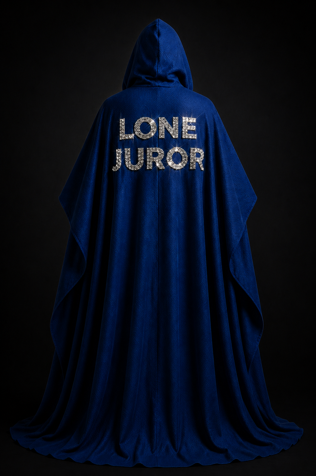 The Lone Juror in a royal blue hooded cloak with crystal LONE JUROR lettering against a black backdrop