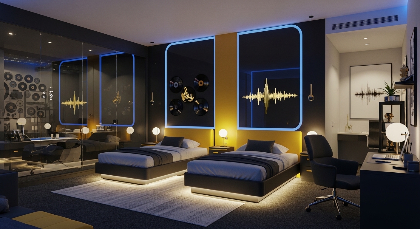 Artist bedroom suite with dual beds and sound-wave decor