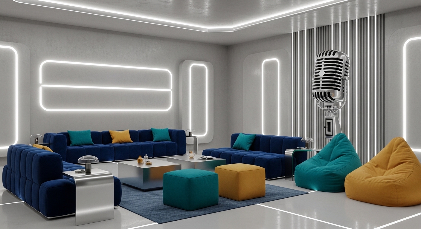 Communal living room with blue sofas and microphone sculpture